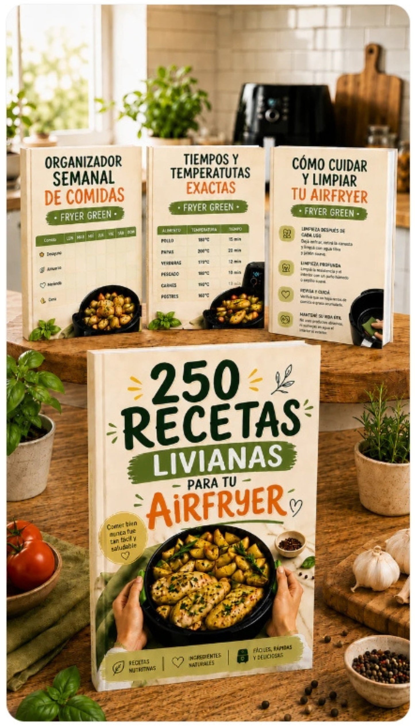 250 Recetas para tu AirFryer + 🎁3 Bonus Exclusivos🎁